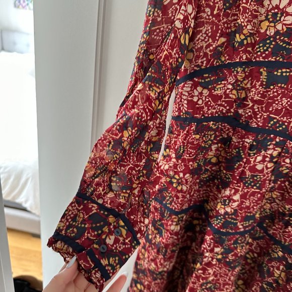 BA&SH Gigi Midi Dress Tiered All-over Floral Print Burgundy V-neck Long Sleeve - Picture 7 of 11